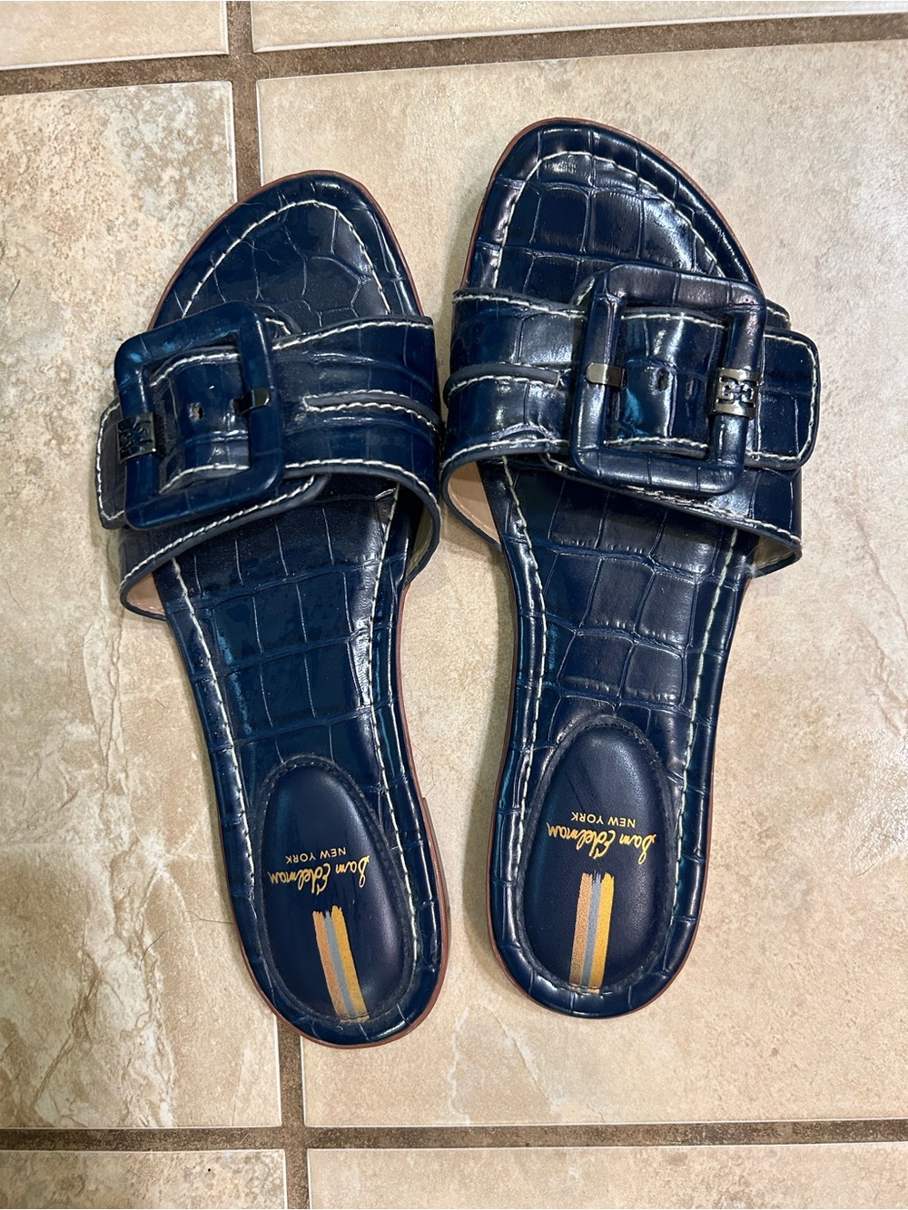 Sam Edelman Navy Croc-Embossed Slide Sandals with Buckle